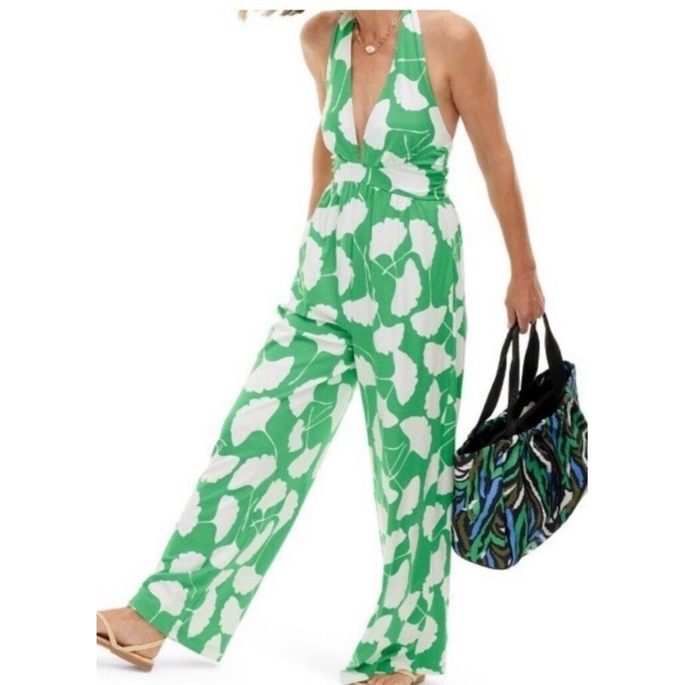 DVF Target Diane Von Furstenberg Green White Floral Halter Wide Leg Jumpsuit XS
